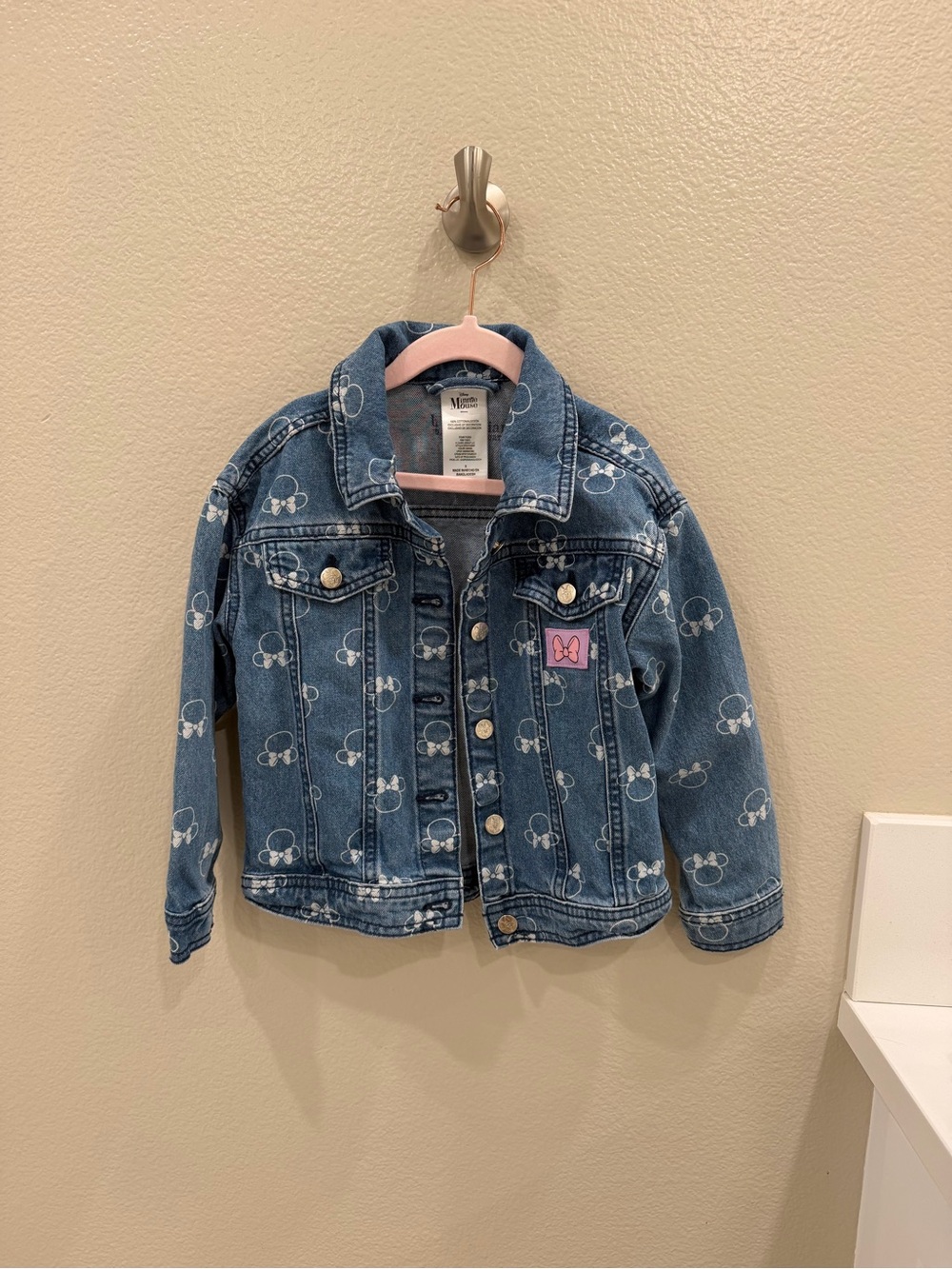 Disney Blue Denim Jacket with White Mickey Print and Pink Bow Patch
